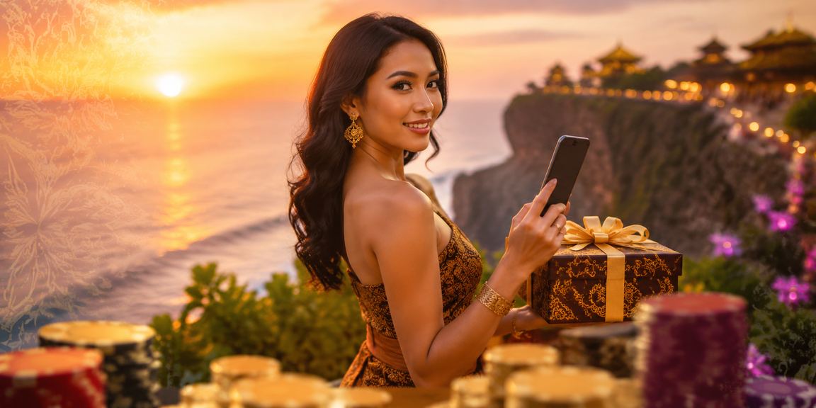 Model memainkan slot game sambil tersenyum di depan layar digital