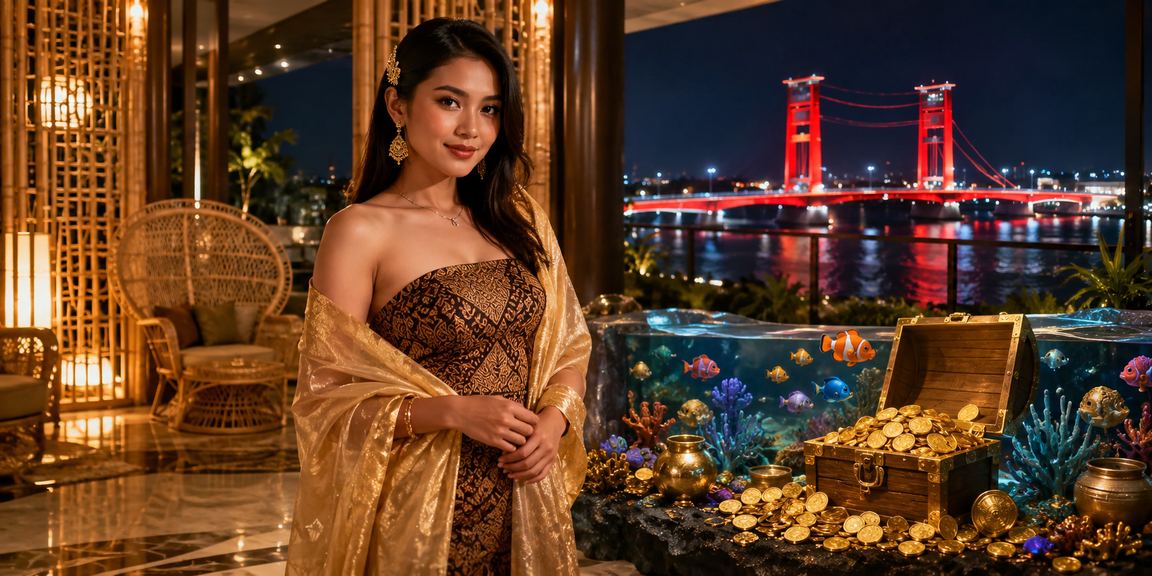 Model berpose di depan layar permainan digital bertema menangkap ikan yang berwarna-warni